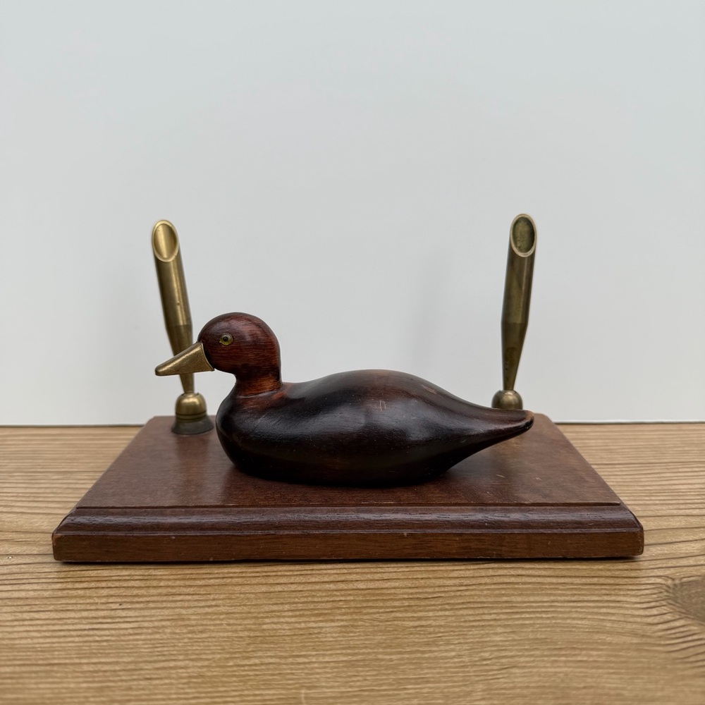 Wooden Brass Billed Duck Decoy Swivel Pen Holder Desktop Decor - No Pens